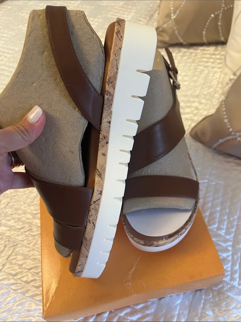 Unisa Brown Leather Wedge Sandals with White Lug Sole
